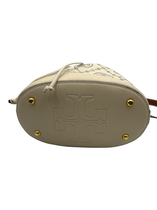 Tory Burch Cream, Gray & Brown Leather Monogram Drawstring Top Bucket Bag Cream, Gray & Brown