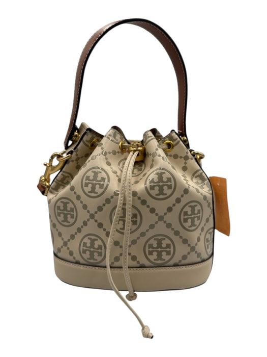 Tory Burch Cream, Gray & Brown Leather Monogram Drawstring Top Bucket Bag Cream, Gray & Brown