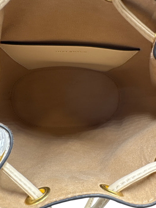 Tory Burch Cream, Gray & Brown Leather Monogram Drawstring Top Bucket Bag Cream, Gray & Brown