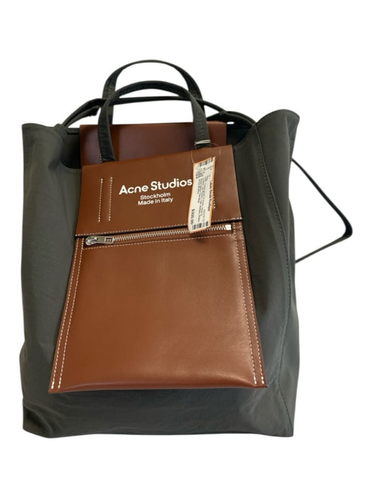 Acne Studios Forest green & brown Nylon & Leather Zip Pocket Logo Tote Bag Forest green & brown
