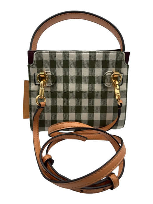 Tory Burch Cream White, Green & Brown Canvas & Leather Gingham Top Handle Bag Cream White, Green & Brown / Petite