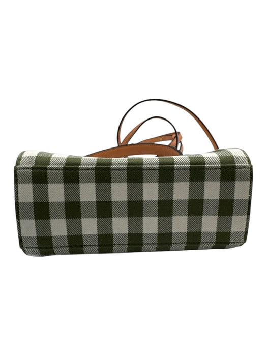 Tory Burch Cream White, Green & Brown Canvas & Leather Gingham Top Handle Bag Cream White, Green & Brown / Petite