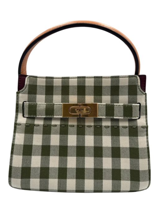 Tory Burch Cream White, Green & Brown Canvas & Leather Gingham Top Handle Bag Cream White, Green & Brown / Petite