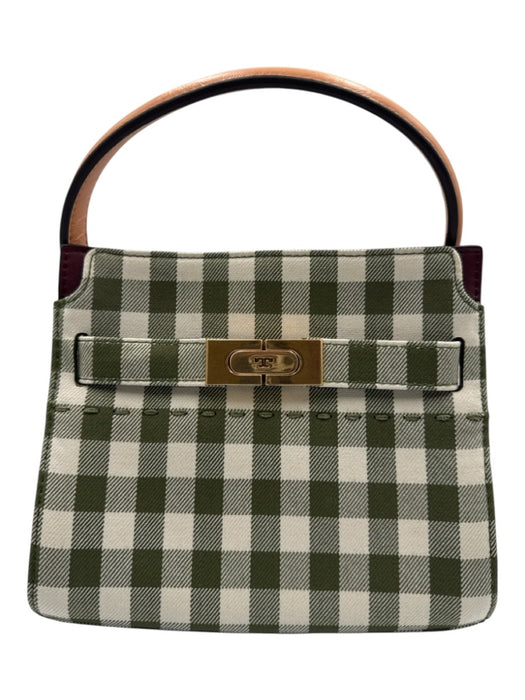 Tory Burch Cream White, Green & Brown Canvas & Leather Gingham Top Handle Bag Cream White, Green & Brown / Petite