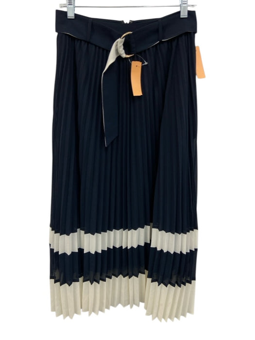 Reiss Size 2 Navy Blue & Cream White Polyester Accordion Pleats Belted Skirt Navy Blue & Cream White / 2
