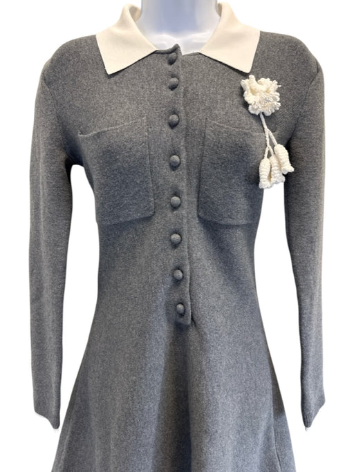 Self-Portrait Size 4 Gray & White Wool Blend Long Sleeve Half Button Dress Gray & White / 4
