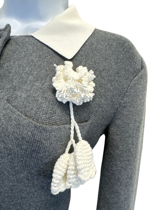 Self-Portrait Size 4 Gray & White Wool Blend Long Sleeve Half Button Dress Gray & White / 4
