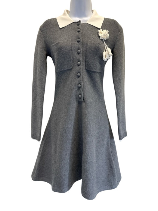Self-Portrait Size 4 Gray & White Wool Blend Long Sleeve Half Button Dress Gray & White / 4