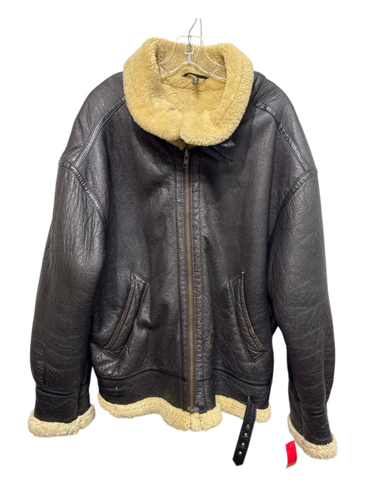 No Brand AS IS Size XL Brown & Beige Leather Shearling Detail Zip Up Jacket Brown & Beige / XL