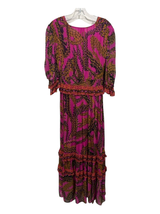 Farm Rio Size Medium Magenta Print Viscose Abstract Ruffle Long Sleeve Dress Magenta Print / Medium