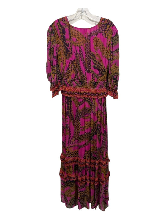 Farm Rio Size Medium Magenta Print Viscose Abstract Ruffle Long Sleeve Dress Magenta Print / Medium