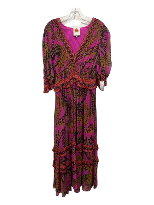 Farm Rio Size Medium Magenta Print Viscose Abstract Ruffle Long Sleeve Dress Magenta Print / Medium