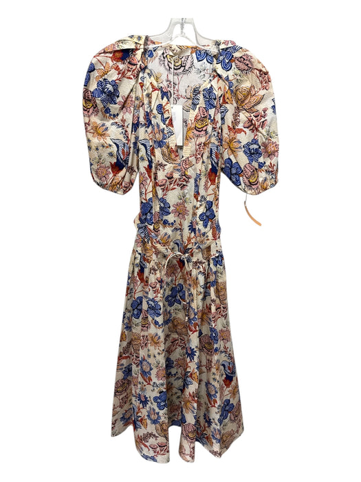 Ulla Johnson Size 8 cream, blue, multi Cotton Floral Pleated Midi Dress cream, blue, multi / 8