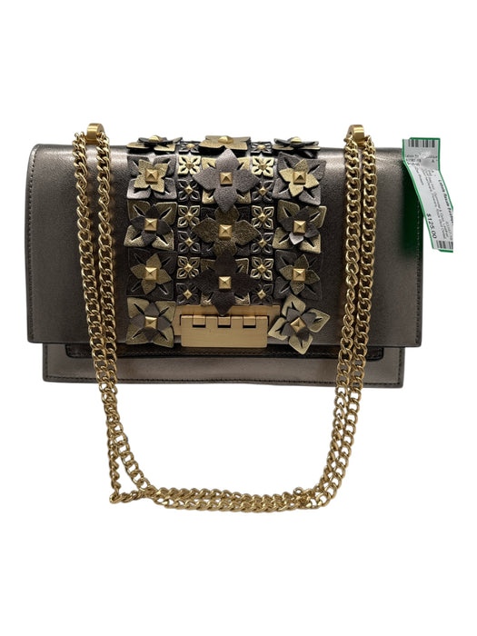 Zac Posen Gunmetal & Gold Leather Gold hardware Flowers Rock Stud Detail Bag Gunmetal & Gold