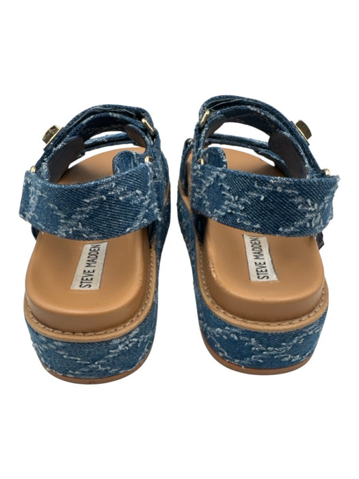 Steve Madden Shoe Size 8.5 Blue & Brown Canvas Textured Velcro Straps Sandals Blue & Brown / 8.5