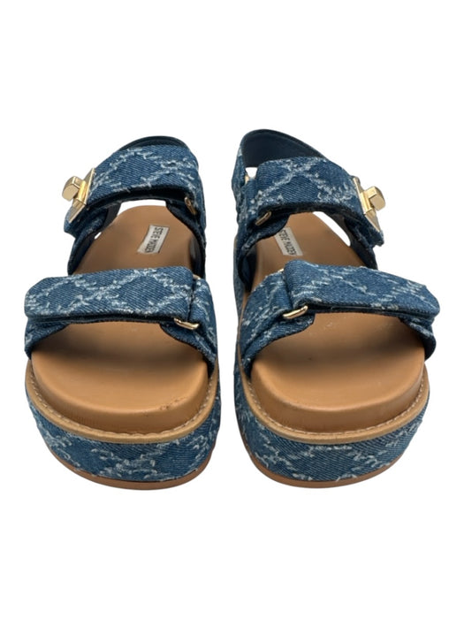 Steve Madden Shoe Size 8.5 Blue & Brown Canvas Textured Velcro Straps Sandals Blue & Brown / 8.5