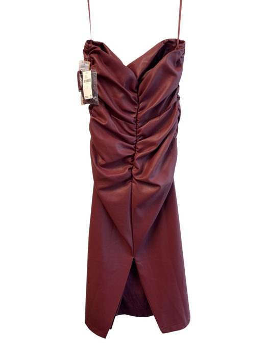 Anthropologie Size S Burgundy Viscose Strapless Side Ruching Midi Pleather Dress Burgundy / S