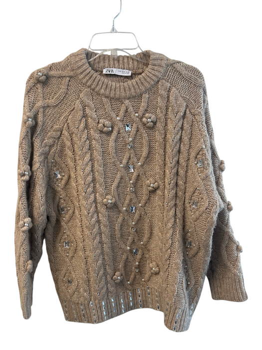 Zara Size M Tan Polyester Blend Woven Bejeweled Flower Detail Beads Sweater Tan / M