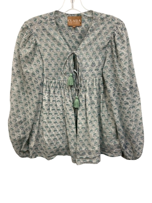Clara The Label Size S Light blue & green Cotton Long Sleeve Split Neck Top Light blue & green / S