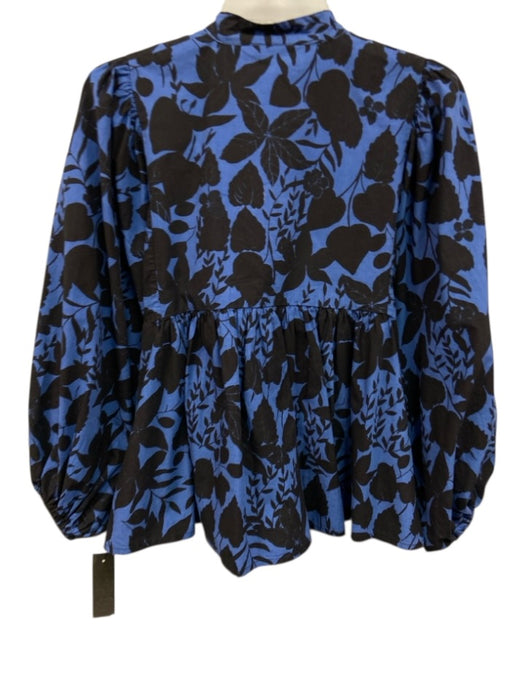 Oliphant Size S Blue & Black Cotton Long puff sleeve Floral Split Neck Top Blue & Black / S