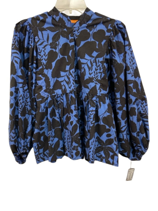 Oliphant Size S Blue & Black Cotton Long puff sleeve Floral Split Neck Top Blue & Black / S