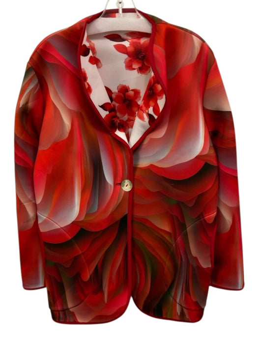 Fenya V. Size M Red Multi Poly Blend Reversible Floral One Button Pockets Jacket Red Multi / M