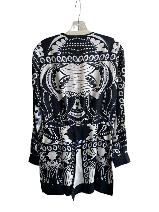 Reiss Size 6 White, Black & Blue Viscose Blend Abstract Print V Neck Romper White, Black & Blue / 6
