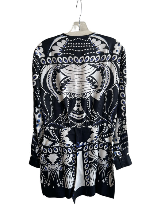 Reiss Size 6 White, Black & Blue Viscose Blend Abstract Print V Neck Romper White, Black & Blue / 6