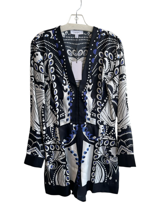 Reiss Size 6 White, Black & Blue Viscose Blend Abstract Print V Neck Romper White, Black & Blue / 6