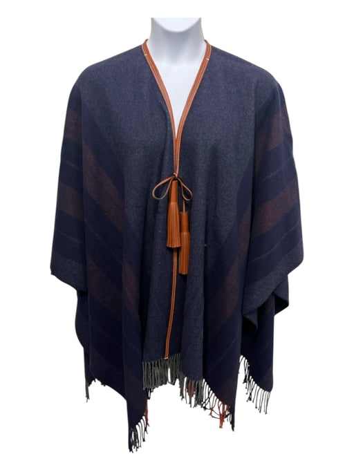 Hermes Blue, Brown & Orange Wool & Cashmere Plaid Leather Tassel Poncho Blue, Brown & Orange / One Size