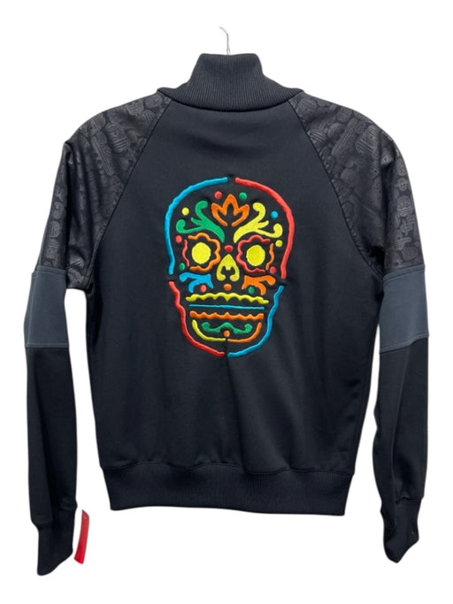 Adidas Size M Black, Orange & Multi Print Polyester Zip Up Skulls Sweater Black, Orange & Multi Print / M