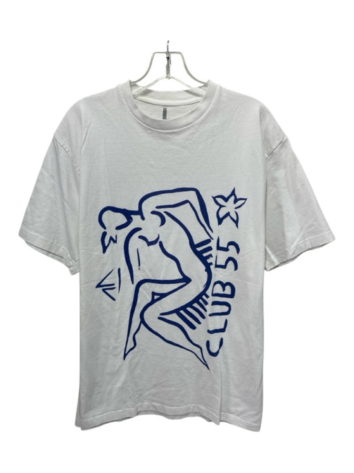 Club 55 Size L White & Blue Cotton logo T shirt Crew Men's Short Sleeve White & Blue / L