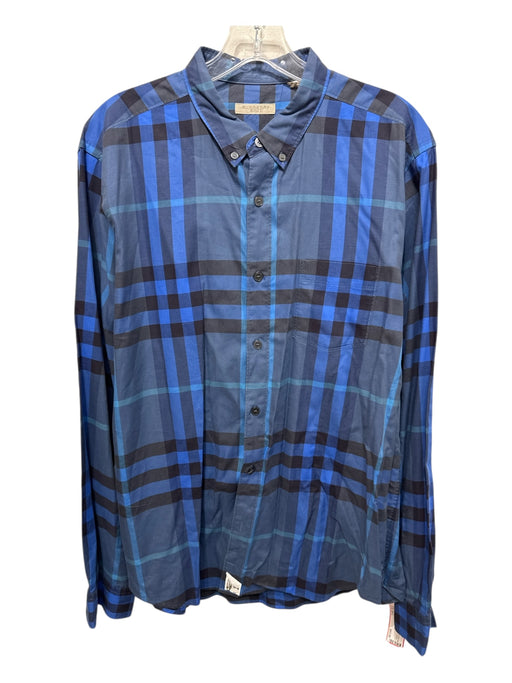 Burberry Size Est L Navy & Blue Cotton Novacheck Button Up Long Sleeve Shirt Navy & Blue / Est L