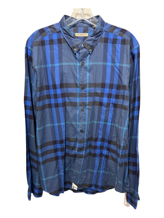 Burberry Size Est L Navy & Blue Cotton Novacheck Button Up Long Sleeve Shirt Navy & Blue / Est L