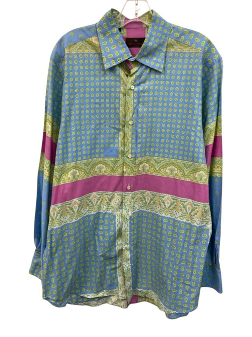 Etro Size XXL Blue & Pink Cotton Paisley Abstract Button up Long Sleeve Shirt Blue & Pink / XXL
