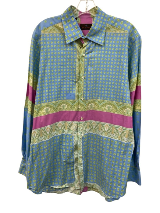 Etro Size XXL Blue & Pink Cotton Paisley Abstract Button up Long Sleeve Shirt Blue & Pink / XXL