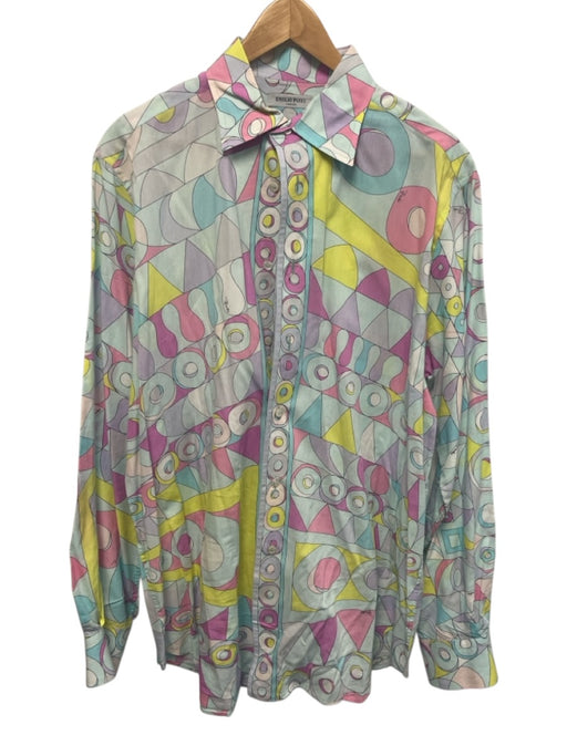 Emilio Pucci Size Est 17 Blue & Pink Cotton Abstract Button Up Long Sleeve Shirt Blue & Pink / Est 17