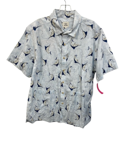 Max & Chester Size L Blue & White Cotton Fish Button Up Men's Short Sleeve Blue & White / L