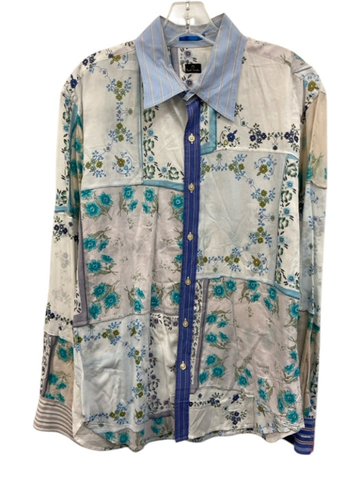 Paul Smith Size Est L White & Blue Cotton Floral Button Up Long Sleeve Shirt White & Blue / Est L