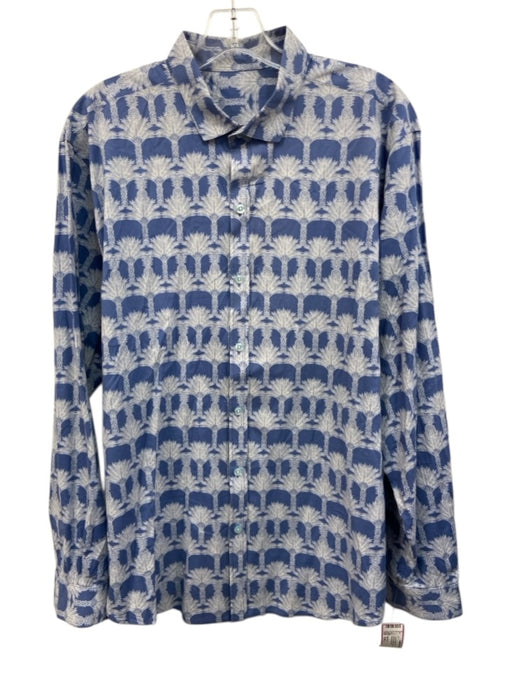 No Brand Size Est L Blue & White Cotton Floral Button Up Men's Long Sleeve Shirt Blue & White / Est L