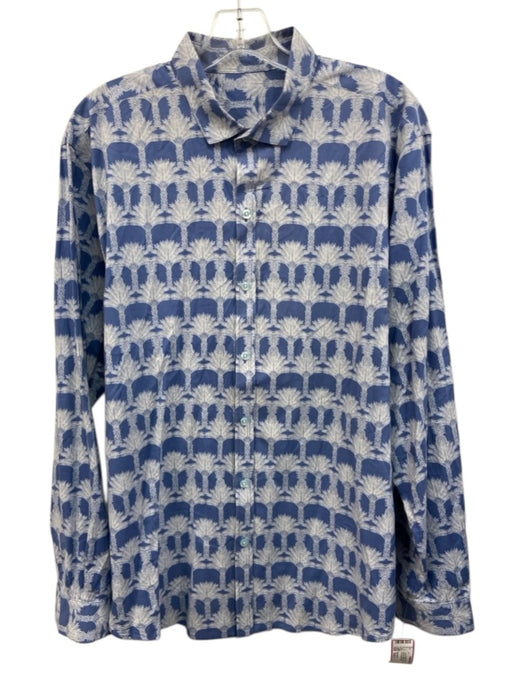 No Brand Size Est L Blue & White Cotton Floral Button Up Men's Long Sleeve Shirt Blue & White / Est L
