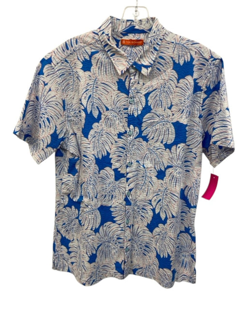 Tori Richard Size Est M Blue & White Cotton Blend Floral Seersucker Short Sleeve Blue & White / Est M