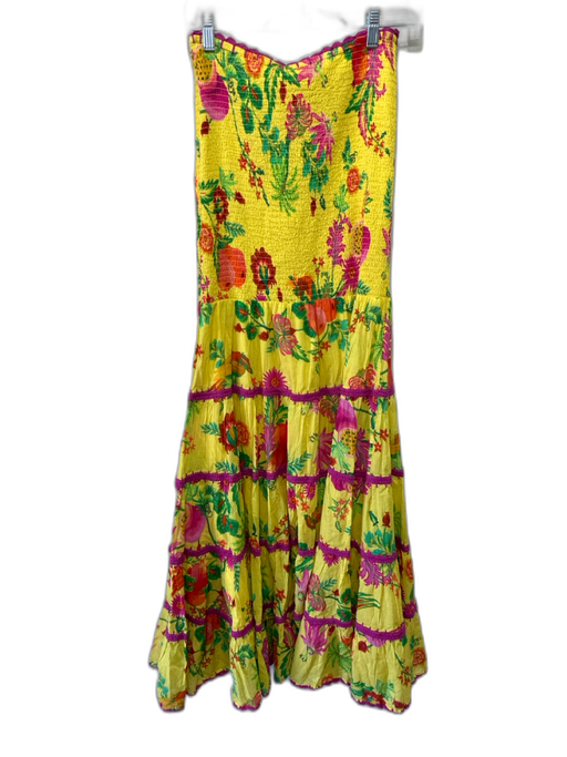 Farm Rio Size S Yellow, Pink & Multi Cotton Strapless Floral Shirred Top Dress Yellow, Pink & Multi / S
