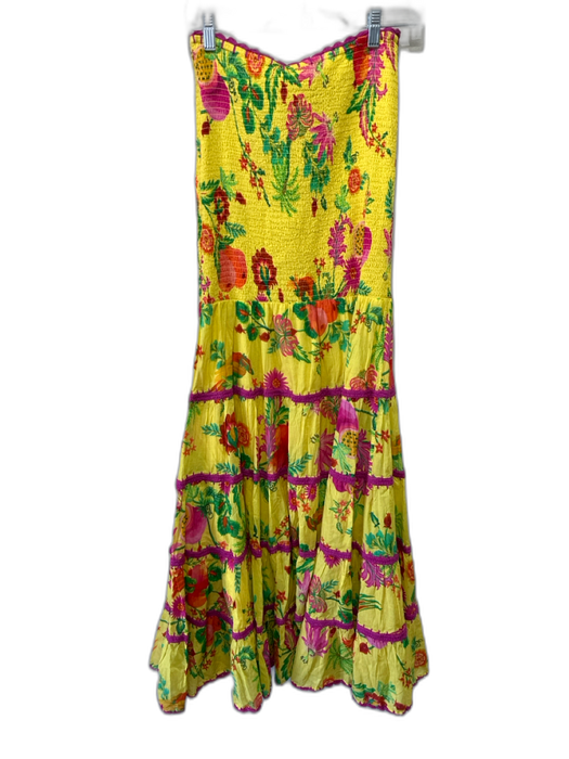 Farm Rio Size S Yellow, Pink & Multi Cotton Strapless Floral Shirred Top Dress Yellow, Pink & Multi / S