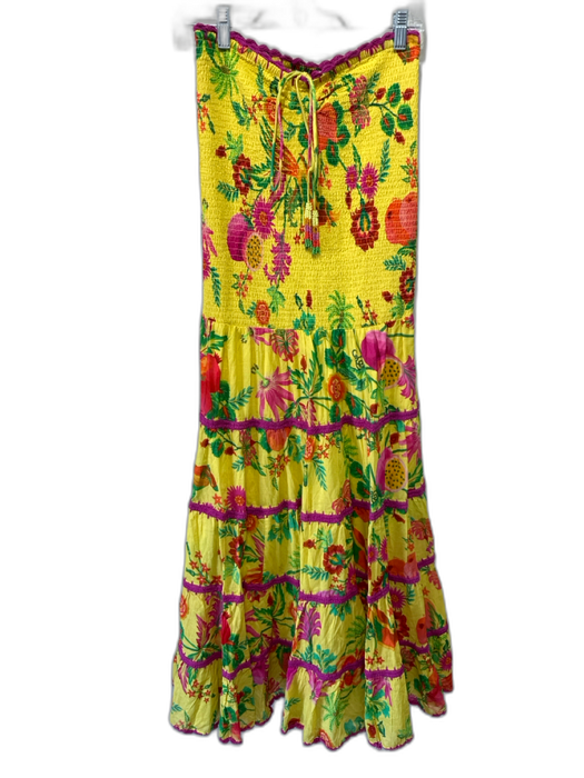 Farm Rio Size S Yellow, Pink & Multi Cotton Strapless Floral Shirred Top Dress Yellow, Pink & Multi / S