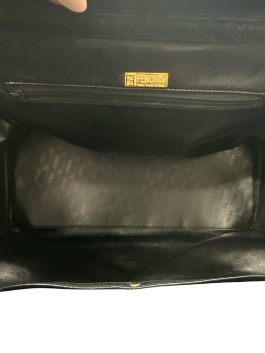 Fendi Black & Gold Leather Gold hardware Basket Weave Top Handle Logo Bag Black & Gold / Medium