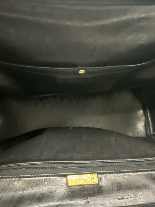 Fendi Black & Gold Leather Gold hardware Basket Weave Top Handle Logo Bag Black & Gold / Medium