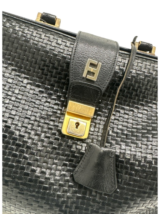 Fendi Black & Gold Leather Gold hardware Basket Weave Top Handle Logo Bag Black & Gold / Medium