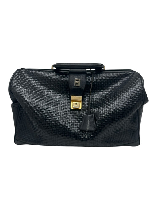 Fendi Black & Gold Leather Gold hardware Basket Weave Top Handle Logo Bag Black & Gold / Medium