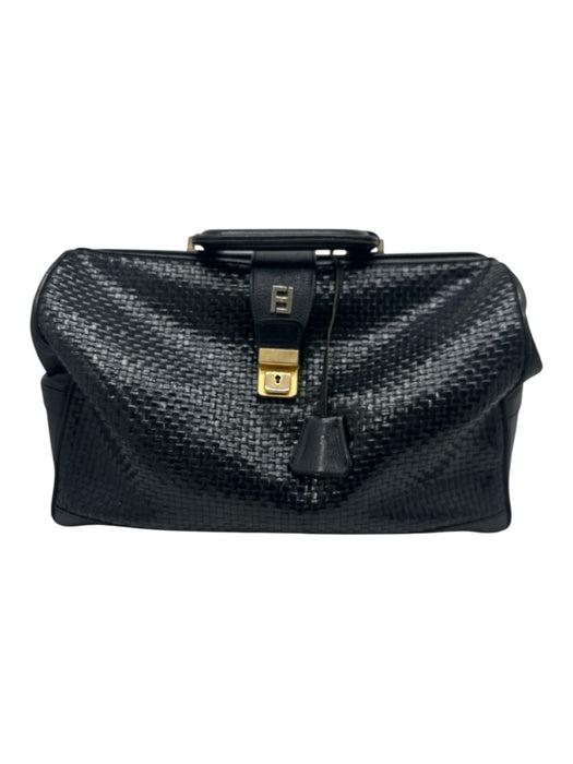 Fendi Black & Gold Leather Gold hardware Basket Weave Top Handle Logo Bag Black & Gold / Medium